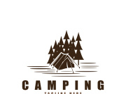 Pine trees and camping tent textured logo design vector illustration