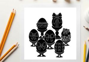 Easter eggs silhouette decorated with ribbons and bows on stands