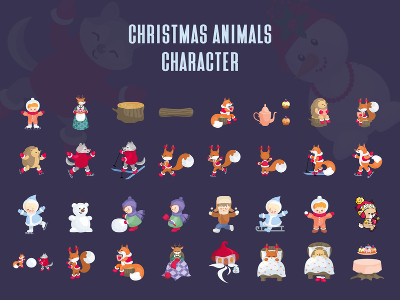 Collection cute animals, Snowman, Character, Christmas tree happy new yer illustration set
