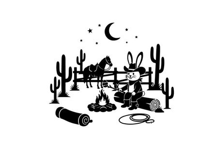 Desert night silhouette cowboy bunny by campfire under starry sky with silhouette