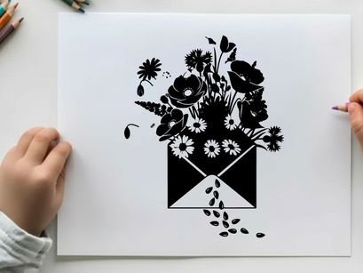 Silhouette of flowers spilling out of an envelope silhouette