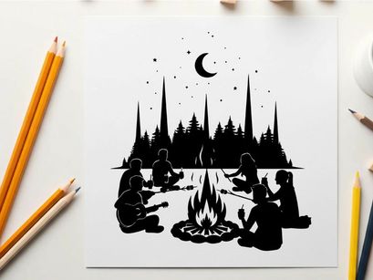 Silhouette of people sitting around campfire under crescent moon and stars at night