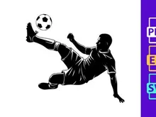 Soccer player in mid air kicking a ball with leg extended