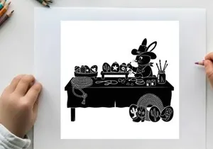 Silhouette of a mouse selling goods at a market stall