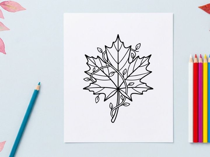 Detailed line drawing of a maple leaf. Artistic botanical illustration for nature and plant themes.