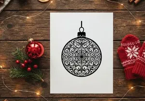 Enfeite de bolinha de Natal preto e branco com design de padrão de filigrana floral intrincado.
