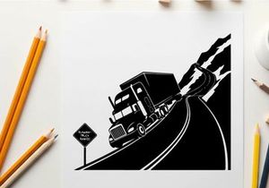 Silhouette of a speeding truck on a curved road with a warning sign