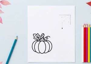 Hand-drawn pumpkin illustration with autumn leaves. Whimsical sketch of harvest gourd and floral decoration for seasonal designs.
