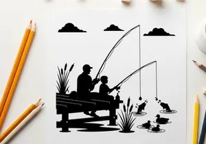 Silhouette of man and boy fishing together peacefully outdoors