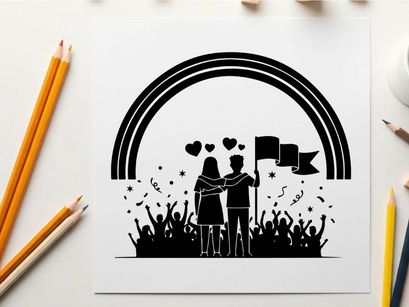 Lgbtq pride celebration silhouette with rainbow and crowd