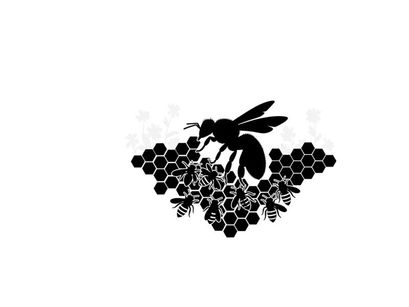 Silhouette of a bee on a honeycomb with smaller bees silhouette