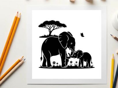 Silhouette of mother and baby elephant with tree and butterfly