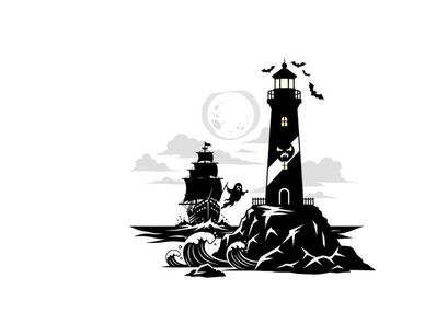 Silhouette of a lighthouse on a rocky coast with a ship