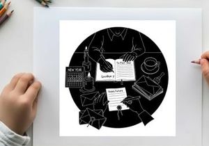 Silhouette of a person reading a book at a desk with stationery