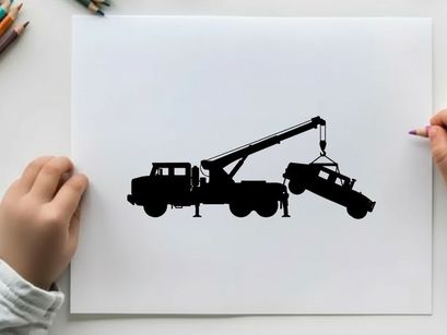 Silhouette of a tow truck lifting a car with a crane