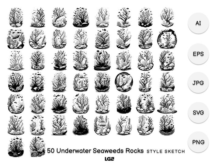 Underwater Seaweeds Rocks Element Black