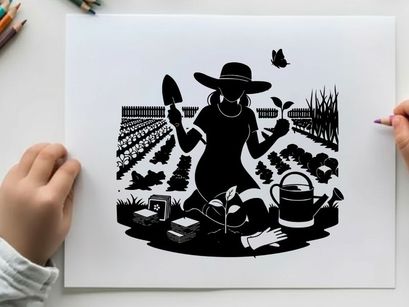 Silhouette of a person gardening in a field at sunset