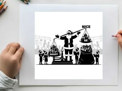 Santa claus weighing presents in silhouette style on christmas