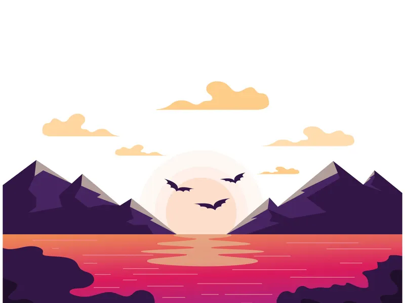Ilustrasi lanskap pemandangan alam latar belakang dengan bukit, langit, bulan, awan, matahari, pinus, danau