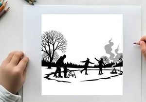 Winter scene silhouette of people ice skating and having fun outdoors