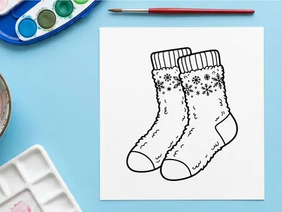 Sepasang kaos kaki musim dingin yang nyaman dengan pola kepingan salju, ilustrasi seni garis tangan.