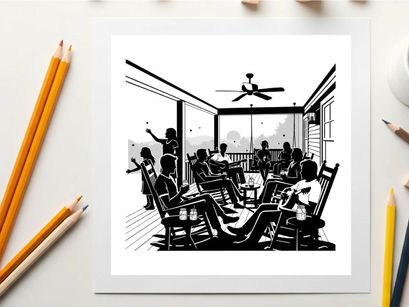 Silhouette of people sitting in rocking chairs on a porch