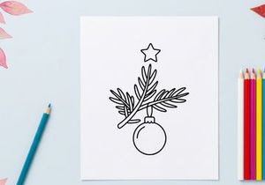 Rama de árbol de Navidad con adorno colgante e icono de estrella, ilustración minimalista de línea.