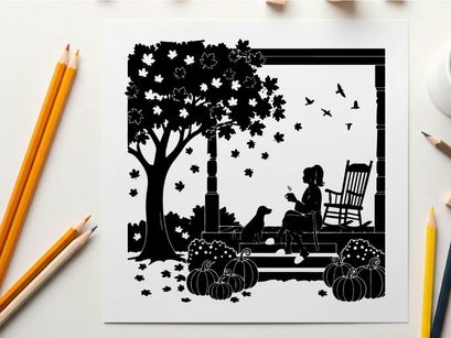 Autumn silhouette of girl and dog on porch with tree