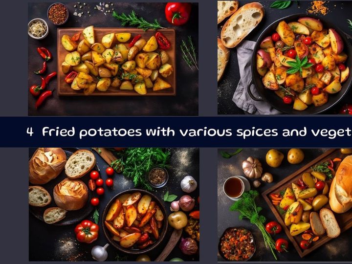 Fried potatoes inside pan with various spices and vegetables