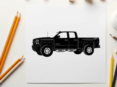 Silhouette of a black pickup truck with a crew cab and large tires