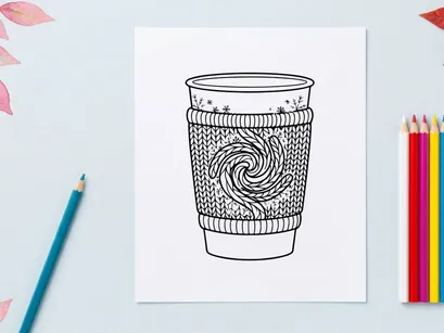 Christmas coffee cup coloring page with knitted cozy sleeve and snowflake pattern design