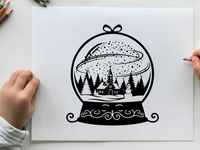 Snow globe silhouette of a winter village scene