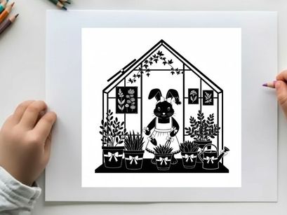 Rabbit in a greenhouse silhouette with plants and garden tools