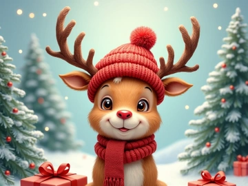 A festive cartoon reindeer wearing a red knit hat and scarf sits preview picture