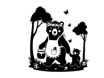 Silhouette of a mother bear and cub in forest preview picture