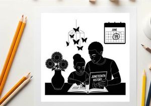 Juneteenth history book silhouette of man and woman reading together