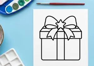 Christmas gift box icon with ribbon bow, simple black and white line art vector illustration