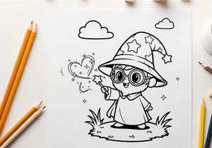 Cute wizard boy with magic wand casting spell vector illustration