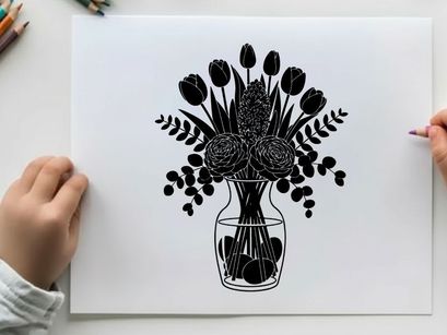 Silhouette of tulips and flowers in a vase on white background