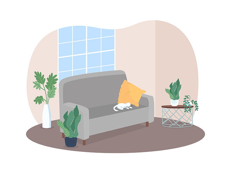 Living room with grey sofa 2D vector web banner, poster