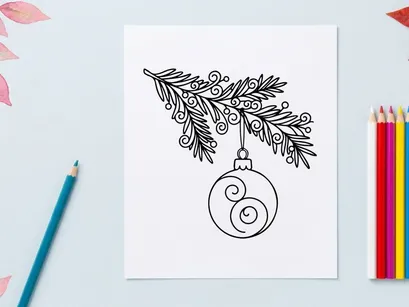 Christmas bauble hanging on a pine branch line art illustration