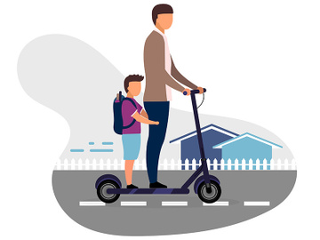 Schoolchildren riding scooter together flat vector illustration preview picture