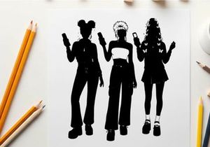 Three women silhouette holding cell phones in black and white
