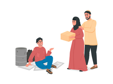 Arabian couple help homeless man flat color vector faceless character preview picture