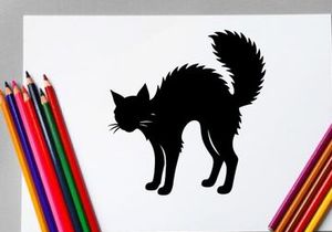 Silhouette of a Black Cat with Fluffy Tail in Side Profile