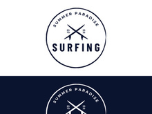 Vintage surfboard logo,surfing on summer beach.For business,badge,holiday, ,label,emblem.