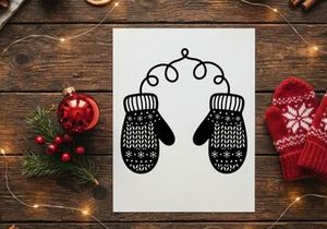 Black and white hand drawn illustration of a pair of cozy winter mittens with snowflakes.