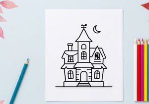 Ilustração vetorial de casa mal-assombrada com lua. Desenho clássico de mansão assustadora para projetos de design de Halloween.
