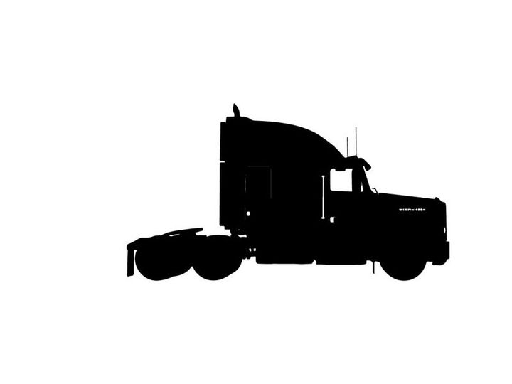 Silhouette of a semi truck against a white background