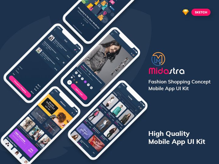 Midastra-Fashion Shopping Mobile App UI kit Dark (SKETCH)